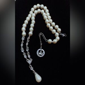 Vintage Crown Trifari Faux Pearl & Rhinestone Y Necklace Silver Tone